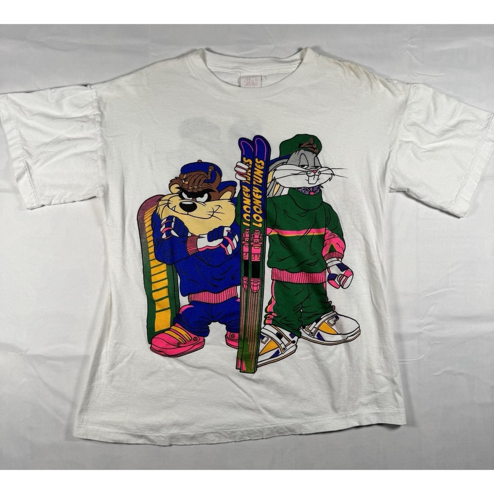 Vintage 90s Looney Tunes Taz Bugs Bunny Ski Neon Double‎ Sided T-Shirt Medium